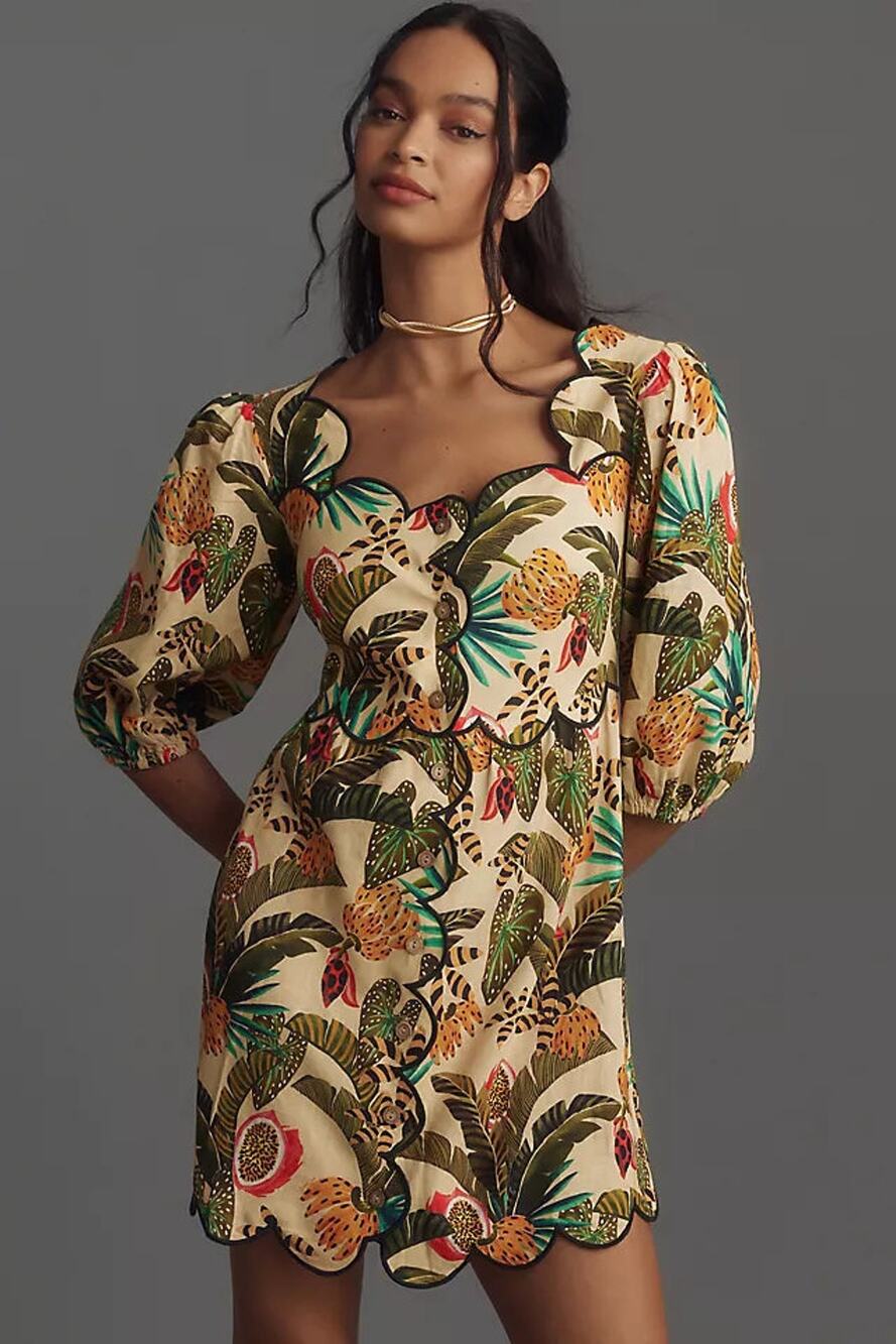 FARM Rio x Anthropologie Square-Neck Scallop-Trim Mini Dress Multi Women's M